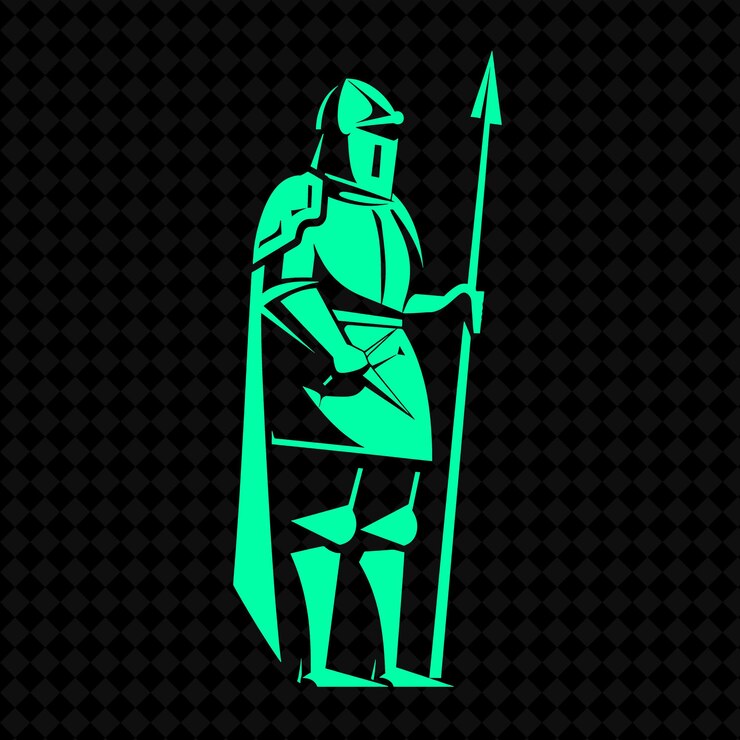 PSD un guerrero verde con una espada y un escudo en un fondo negro