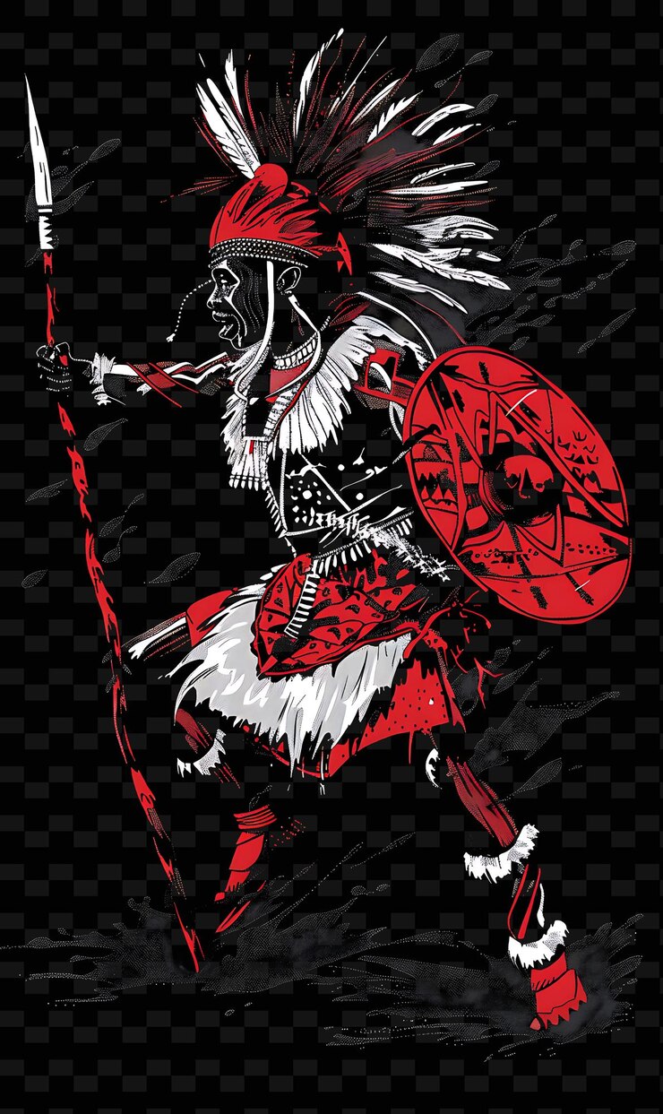 PSD guerrero xhosa de sudáfrica con una lanza assegai y un retrato de personajes de ilustración plana