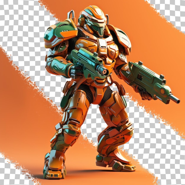 PSD guerrier futuriste en armure orange et verte équipé d'armes à feu et d'un lance-roquettes représenté dans un
