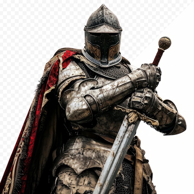 PSD un guerrier masculin en armure et l'épée à la main isolé sur un fond blanc isolé