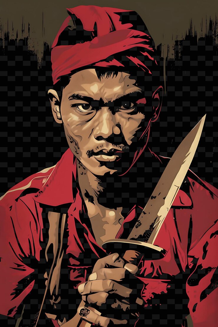 PSD guerrilla filipina con un cuchillo bolo en un combate listo para la postura ilustración plana retratos de personajes