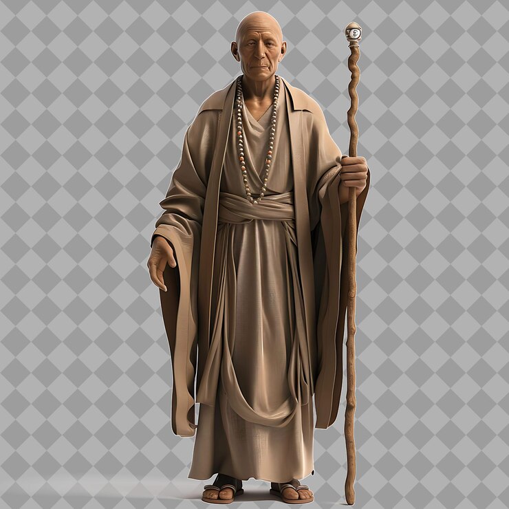 PSD guía espiritual del monje sabio con forma delgada monjes vestido oración b ilustración de personajes 3d aislados