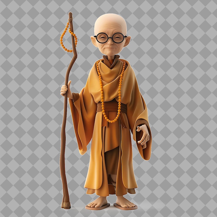 PSD guía espiritual del monje sabio con forma delgada monjes vestido oración b ilustración de personajes 3d aislados