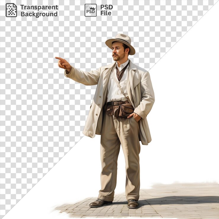 PSD guías turísticos fotográficos realistas históricos con un hombre con un traje marrón y sombrero blanco de pie con la mano en la cadera con zapatos marrones y un cinturón marrón y