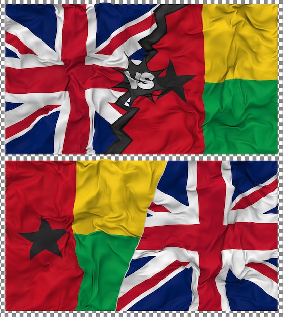 Guinea-Bissau gegen Großbritannien Halbkombinierte Flagge Stoff-Bump-Textur 3D-Rendering
