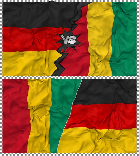Guinea gegen Deutschland Halbkombinierte Flagge Stoff Bump Textur 3D-Rendering