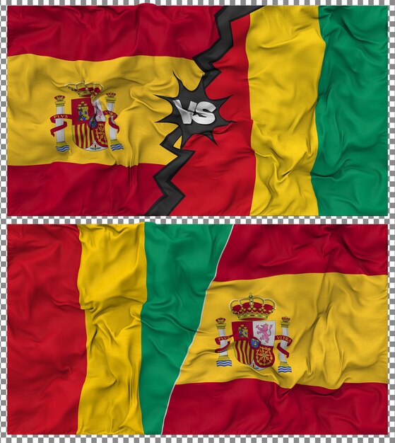 Guinea gegen Spanien Halbkombinierte Flagge Stoff-Bump-Textur 3D-Rendering