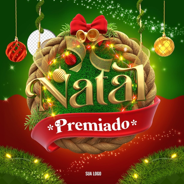 PSD guirlanda de natal com luzes douradas e enfeites psd premium.