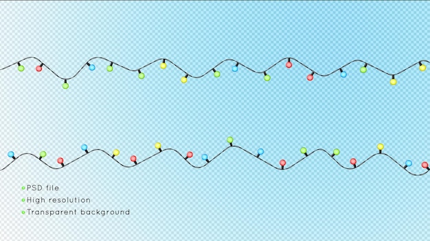 Guirlanda elétrica de Natal com lâmpadas redondas coloridas brilhantes em um fundo transparente renderização 3D