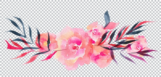 Guirlanda floral em aquarela de flores rosas e ramos de salgueiro