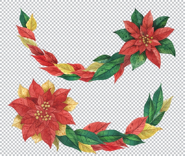 PSD guirlandas florais de natal com poinsétia de planta de inverno. borda de aquarela