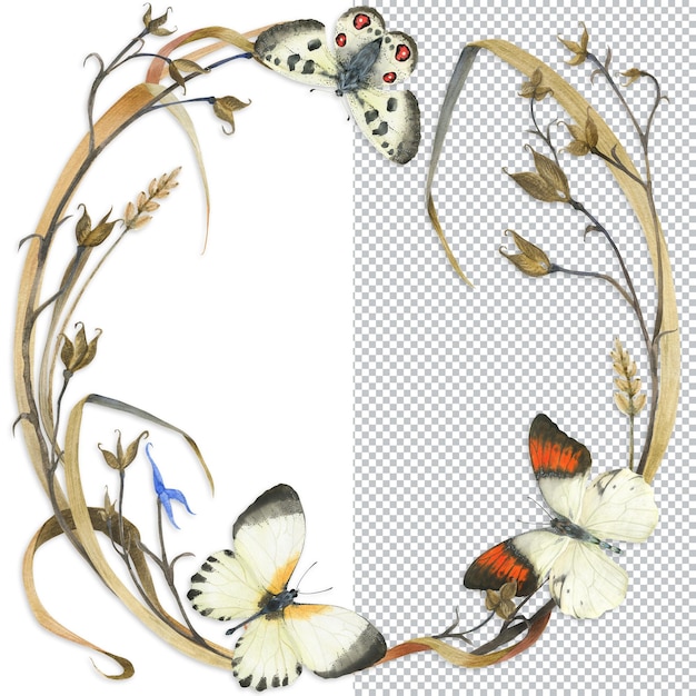 Guirlande de plantes de prairie et de papillons. Illustration nature aquarelle, cadre rond pour les salutations et toutes les cartes