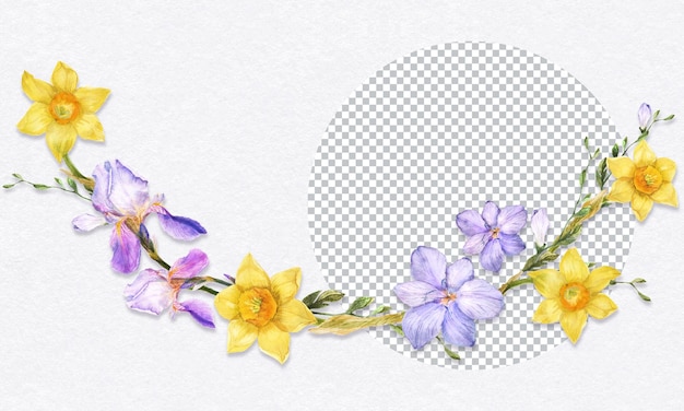 PSD guirlande de printemps de fleurs de jonquille et d'iris et d'alstroemeria illustration florale aquarelle botanique