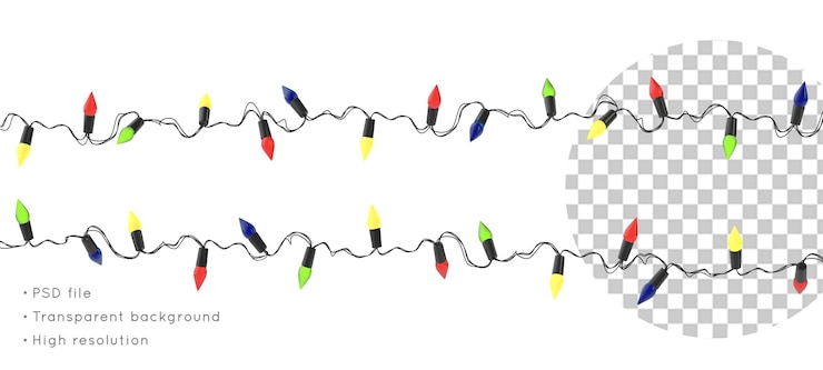 PSD guirnalda eléctrica navideña con bombillas de colores brillantes aisladas sobre fondo transparente. render 3d