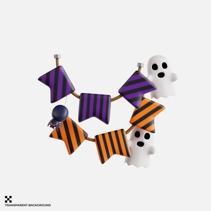 PSD guirnalda de halloween con fantasmas y banderas a rayas