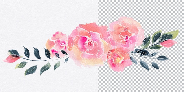 Guirnalda de rosas florales. Composición de acuarela de flores rosas y ramas de sauce.