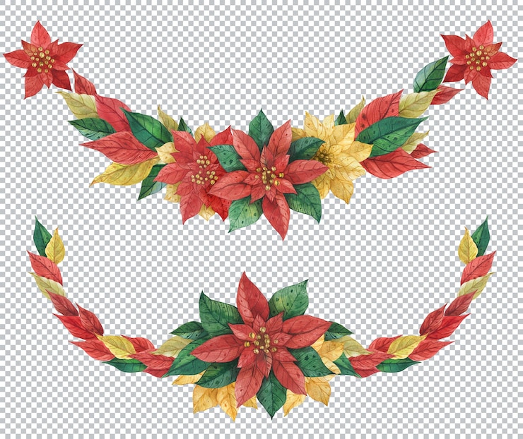 PSD guirnaldas florales navideñas con poinsettia de plantas de invierno. borde de acuarela