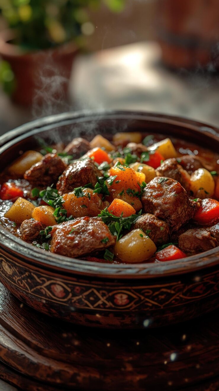 PSD guisado de carne quente com batatas e cenouras em uma tigela rústica