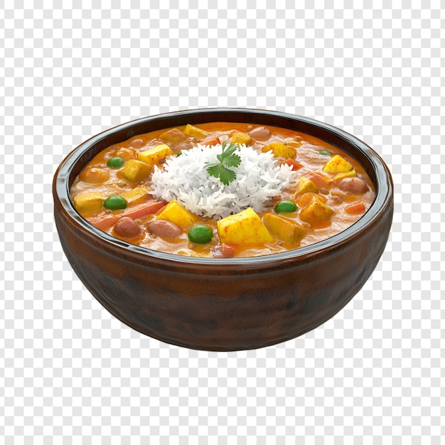 Guisado de frango e legumes em tigela de madeira