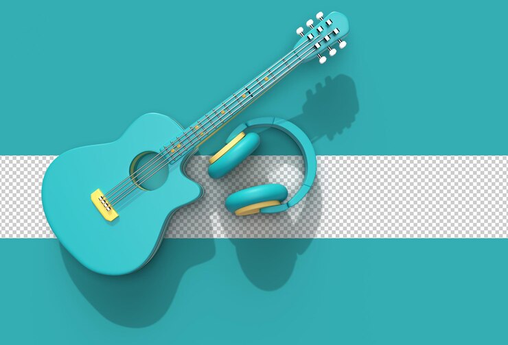 PSD guitarra acústica con auriculares de música archivo psd transparente.