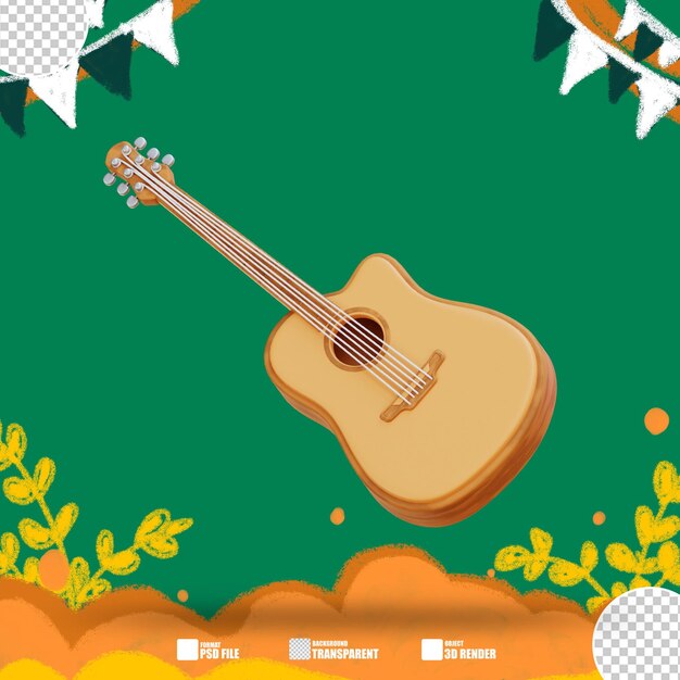 PSD guitarra acústica de ilustração 3d com corpo de madeira e cordas 2