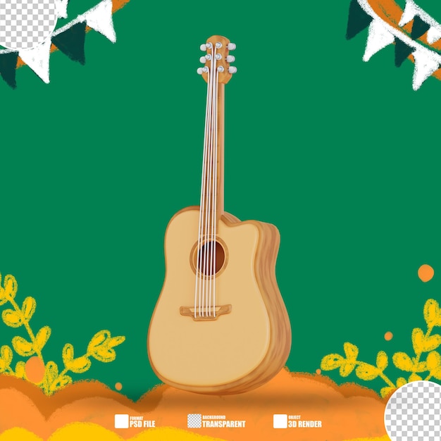 PSD guitarra acústica de ilustração 3d com corpo de madeira e cordas 4