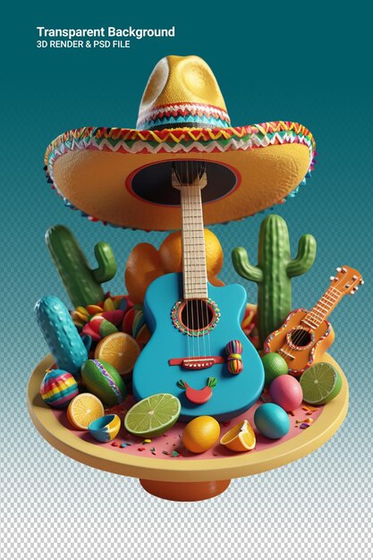 Una guitarra azul con un cactus en ella y un caktus en la parte superior