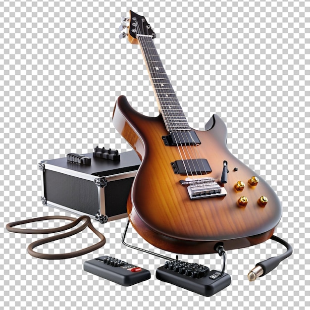 Guitarra eléctrica y pedales en un fondo transparente