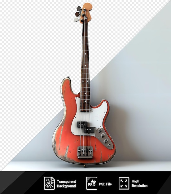 Guitarra bajo en un estante contra una pared blanca con una sombra blanca en el fondo png psd