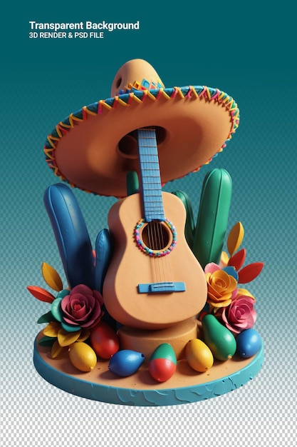 PSD una guitarra con un sombrero en ella se sienta en un arreglo de flores