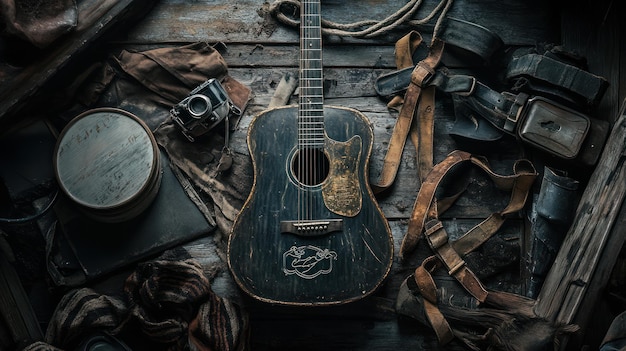 Guitarras antiguas rodeadas de objetos rústicos