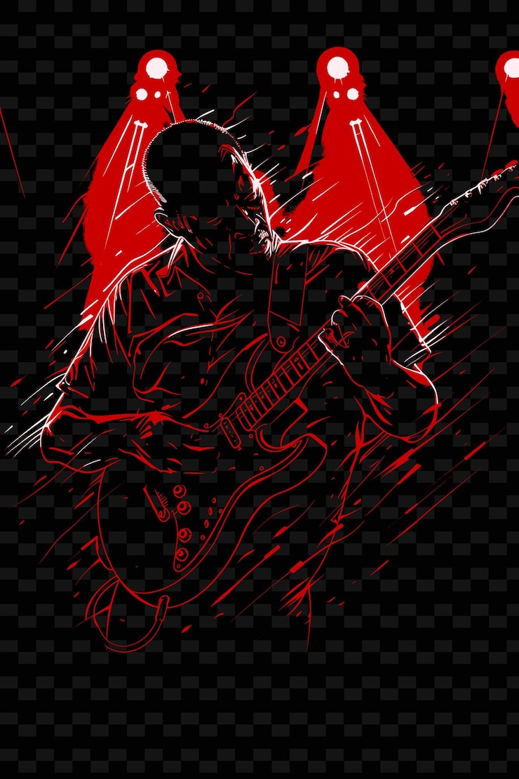PSD guitarrista de blues tocando un solo en un escenario oscuro con iluminación vectorial ilustración de música poster idea