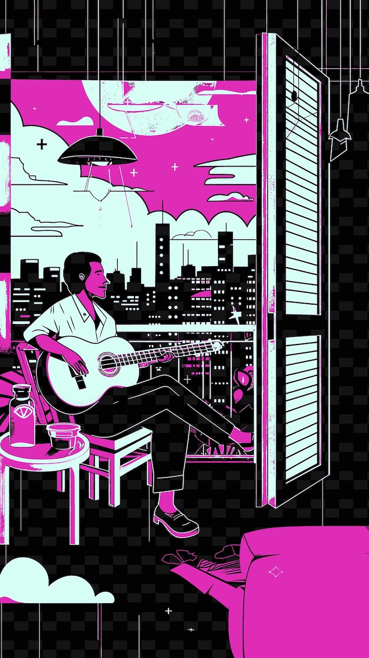 PSD guitarrista de bossa nova tocando en un ático de río de janeiro w ilustración vectorial idea de póster musical