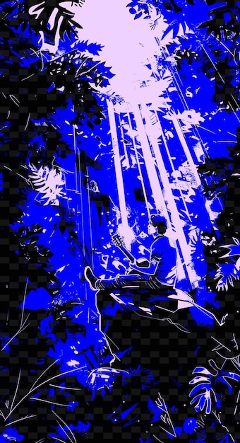 PSD guitarrista sentado em uma rocha em uma floresta exuberante com raios de su vector ilustração ideia de cartaz musical