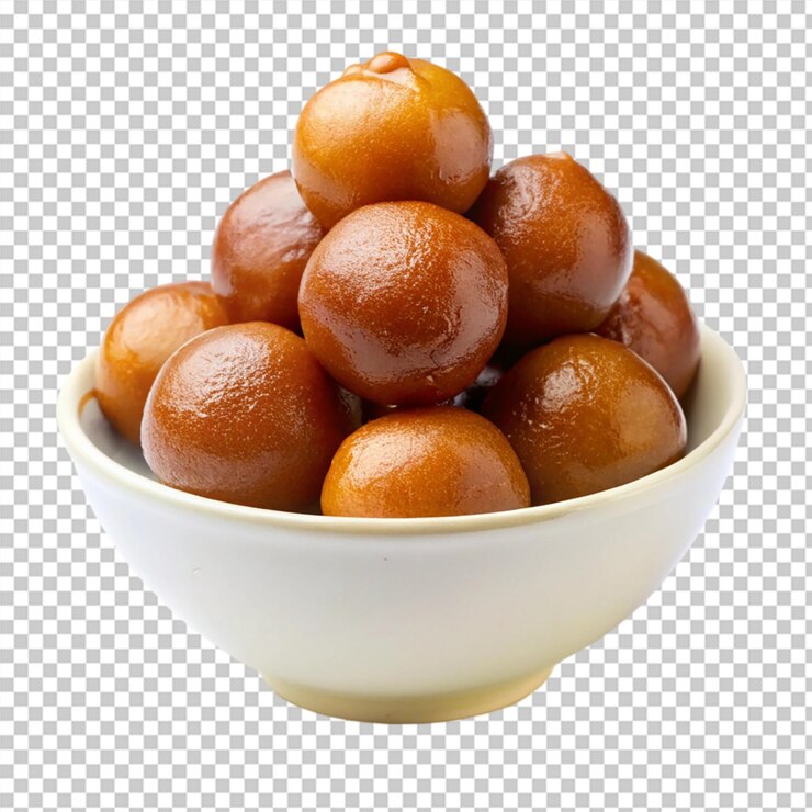 PSD gulab jamun en cuenco blanco aislado sobre un fondo transparente