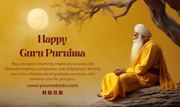 Guru Purnima concepto una persona mayor con túnicas amarillas y sentado tranquilamente escena sobre fondo amarillo