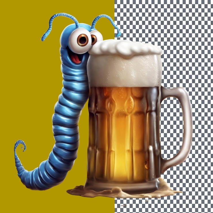 PSD un gusano abrazando una cerveza fría aislado en un fondo transparente