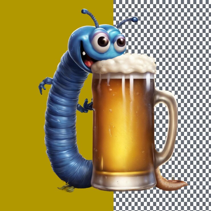 PSD un gusano abrazando una cerveza fría aislado en un fondo transparente