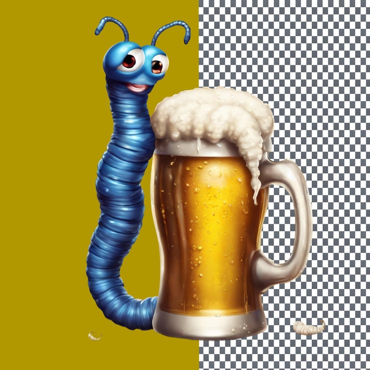 PSD un gusano abrazando una cerveza fría aislado en un fondo transparente
