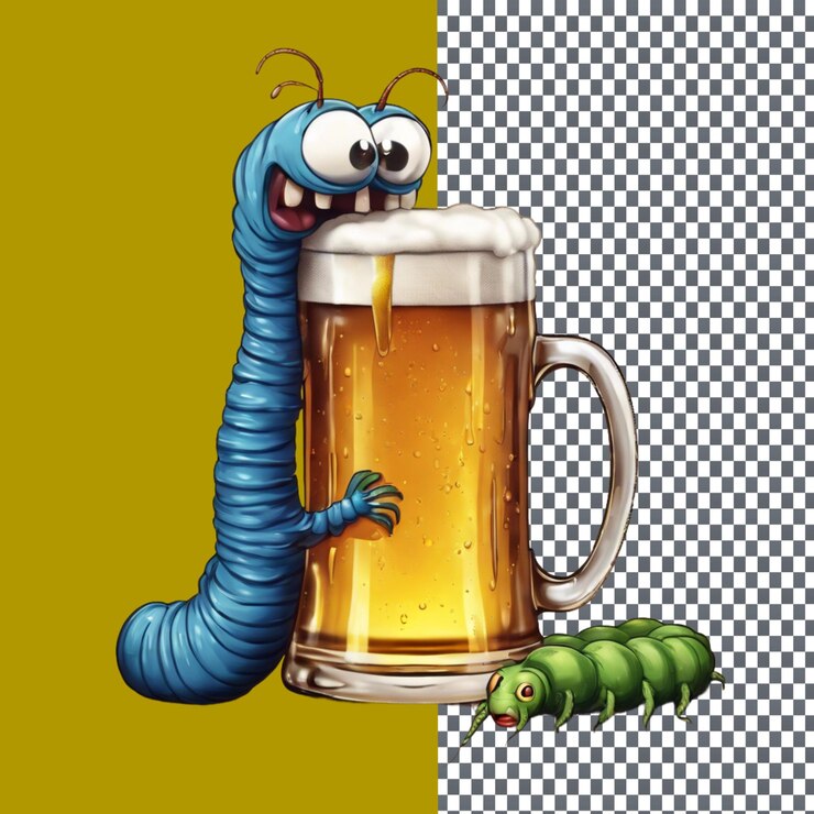 PSD un gusano abrazando una cerveza fría aislado en un fondo transparente