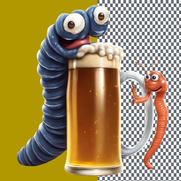 PSD un gusano abrazando una cerveza fría aislado en un fondo transparente