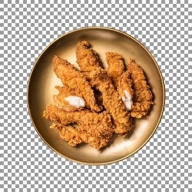 Gustose strisce di pollo fritto con piatto di bronzo isolato su sfondo trasparente