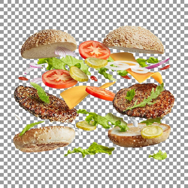 Gustosi due hamburger volanti con un tortino di pomodoro e pollo isolato su sfondo trasparente