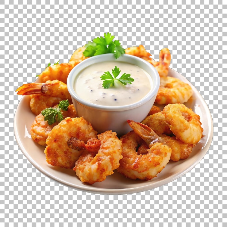 PSD gustosi gamberetti fritti con salsa png su uno sfondo trasparente