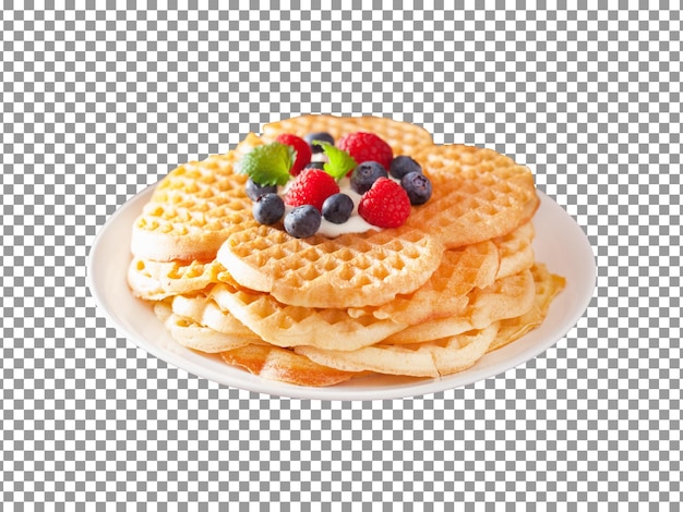Gustosi waffle con mirtilli e fragole su un piatto con sfondo trasparente