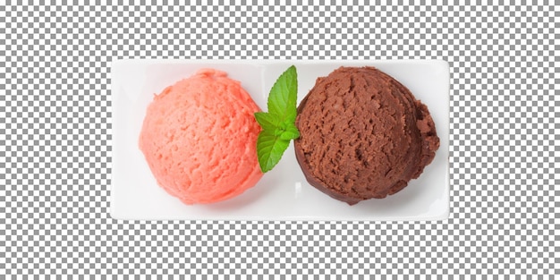 Gustoso cucchiaio di gelato alla fragola e cioccolato su un vassoio con sfondo trasparente