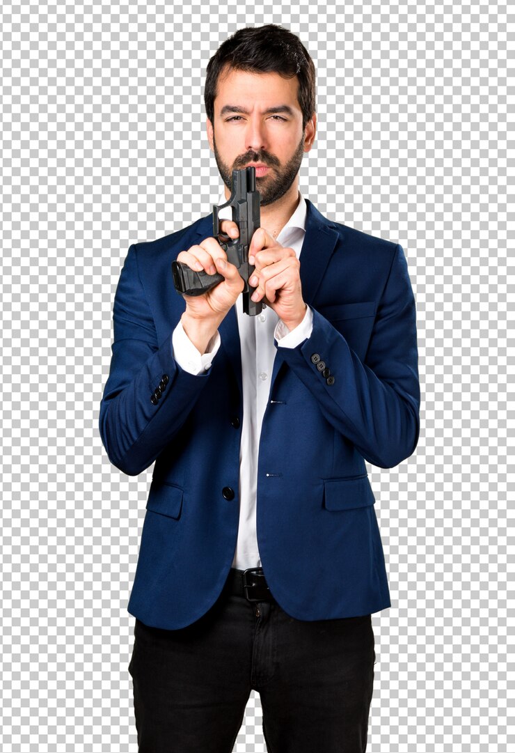 PSD gut aussehender mann, der eine pistole hält