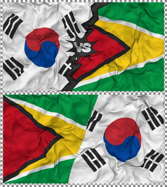 Guyana gegen Südkorea Halbkombinierte Flagge Stoff-Bump-Textur 3D-Rendering