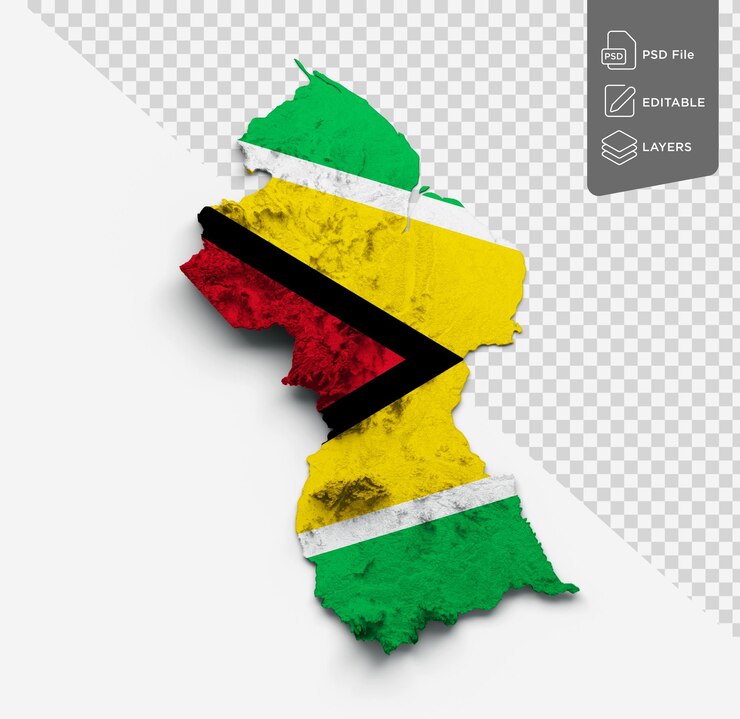 PSD guyana map guyana flag shaded relief color height map on white background 3d illustration