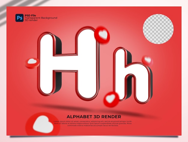 H Alphabet 3d Render colore rosso con elementi